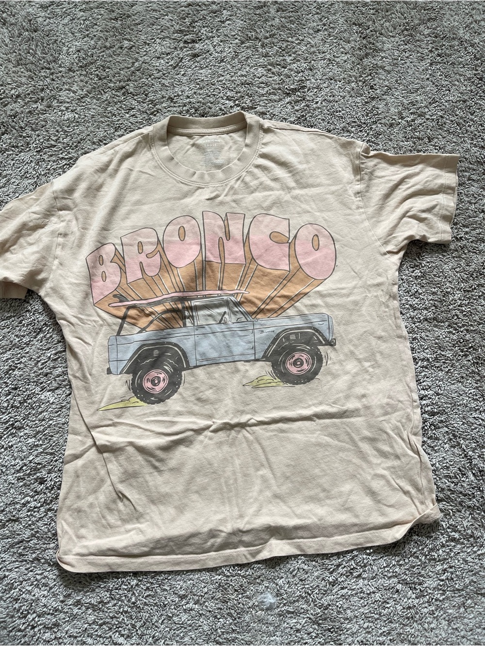 American Eagle size small  Bronco Graphic Tee - Beige with Blue & Pink Print
